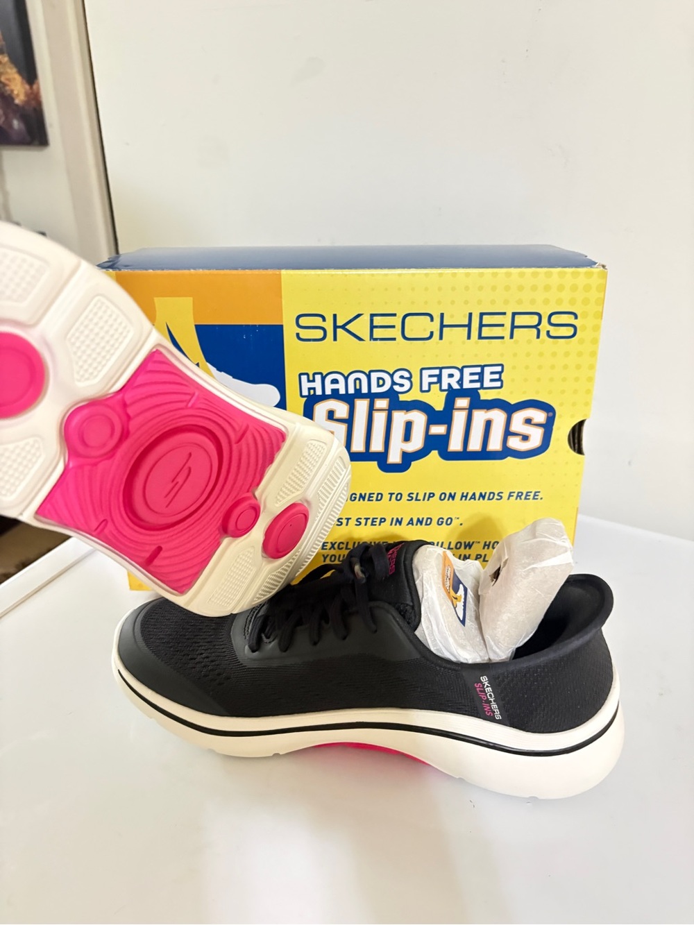 Skechers Navy and White Slip-On Athletic Sneakers with Pink Trim